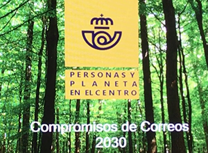 Cartel de CORREOS en la Cumbre del Clima sobre sus Compromisos ambientales para 2030