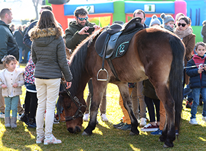 Familia con niños junto a un caballo de carreras en el Hipódromo de La Zarzuela.