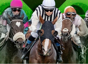 Primer plano de jinetes en una carrera de caballos.
